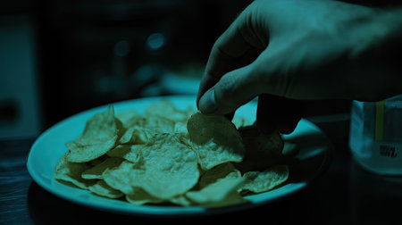 Close-up of a hand choosing a chip from a full plate, with chips glistening under soft light, showing a satisfying snack moment.の素材