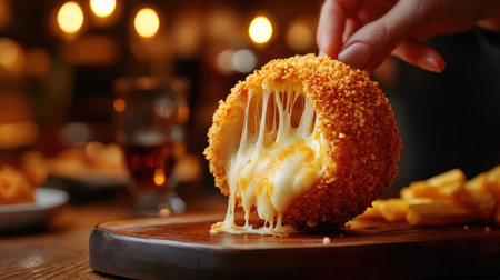 Cheese ball with a crunchy, golden-brown crust being pulled apart to reveal stretchy melted cheese, perfect for a snack concept.の素材