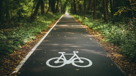 Clear, one-way bike lane with white markings on asphalt, bordered by greenery and urban elements.の素材