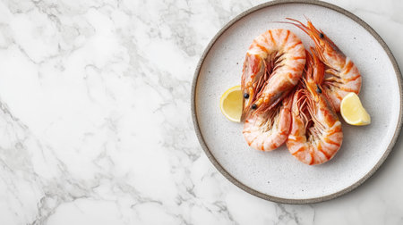 A plate of boiled king prawns with vibrant orange shells, showcasing their fresh appearance and plump texture on a clean background.の素材