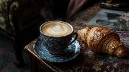 Close-up of a frothy latte in a ceramic cup beside a golden croissant on a dark, vintage table, lit with warm, moody light.の素材