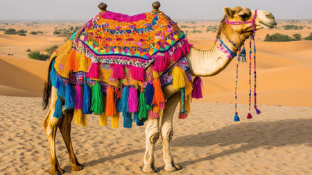 Camel in traditional, colorful dress standing alone in a quiet desert landscape, with golden dunes stretching into the distance.の素材