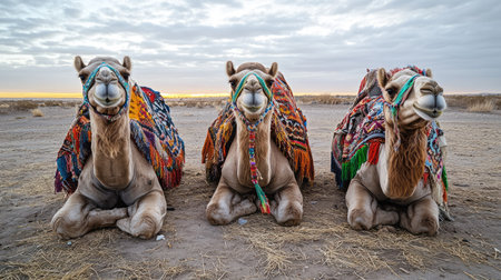 Camels adorned with bright blankets and traditional accessories, peacefully standing in a quiet desert landscape.の素材
