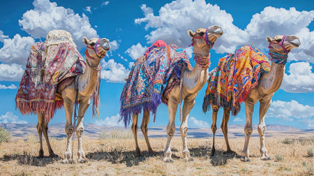 Camels dressed in colorful traditional blankets and headpieces, standing under the vast blue sky of a golden desert landscape.の素材