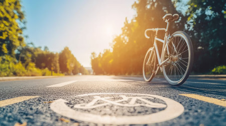 Close-up of a one-way bicycle lane symbol on asphalt, with an arrow and bike icon under a clear, sunny sky.の素材