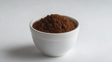 Close-up of a white coffee mug with ground coffee beans, set on a plain white background for a clean coffee presentation.の素材