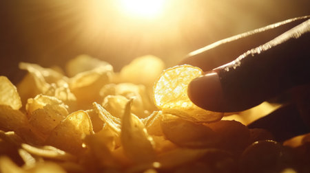Close-up of fingers selecting a potato chip from a plate, with golden, salty chips piled around in soft lighting.の素材