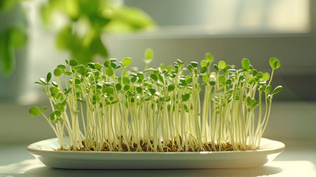 Close-up of fresh bean sprouts neatly arranged on a white plate, their delicate roots and crisp texture highlighted under soft, natural light.の素材