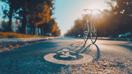 Close-up of a one-way bicycle lane symbol on asphalt, with an arrow and bike icon under a clear, sunny sky.の素材