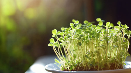 Close-up of fresh bean sprouts on a simple white plate, highlighting the crispness and natural beauty of the sprouts.の素材
