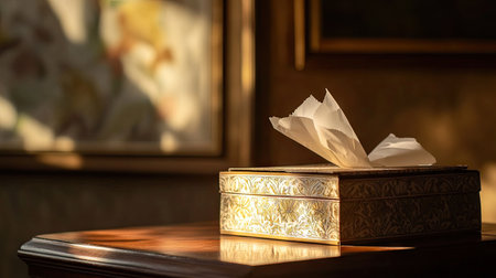 Tissue paper emerging from a decorative box on a table, with a warm, inviting room setting in soft focus.の素材