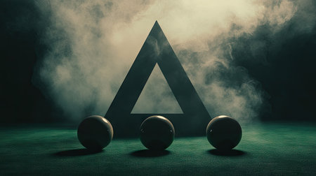 Snooker balls aligned in a triangle, steam creating a moody atmosphere around them on the green felt.の素材