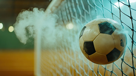 Soccer ball resting in goal net with misty steam floating around, in a silent, brightly lit stadium.の素材
