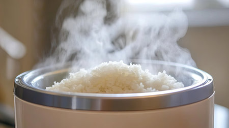 Steamy rice inside an electric rice cooker, lid partially open, with thick steam clouds visible as rice cooks to perfection.の素材