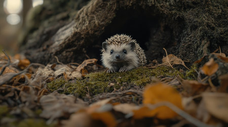 Tiny hedgehog sitting on mossy ground, with earthy textures and fallen leaves around, its small eyes wide open in a natural sceneの素材