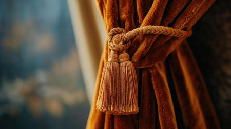 Intricate tassel tieback holding a lush velvet curtain in place, highlighting opulence and traditional elegance in close-up.の素材