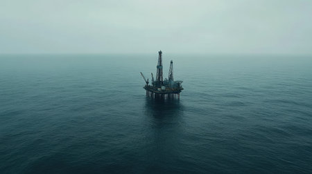 Aerial perspective on an offshore oil rig in the ocean, with its structure standing out against vast, calm waters and an expansive horizon.の素材
