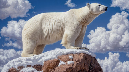 Majestic polar bear stands tall on a rock, surrounded by a snowy landscape and deep blue sky, embodying strength and beautyの素材