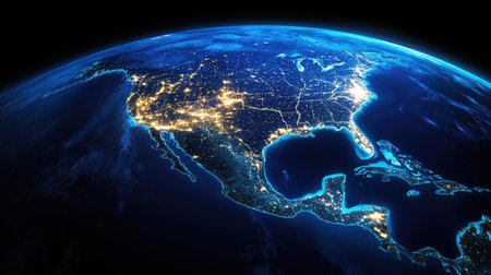 Earth isolated on black, continents detailed and oceans vibrant blue, with a soft glow around the planet, creating a sense of depthの素材