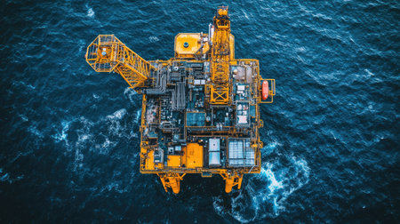 Aerial shot of an offshore rig centered in deep ocean blue, capturing the stark contrast of industrial machinery against natural water beauty.の素材
