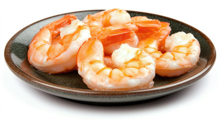 Boiled king prawns on a plate, showcasing the vibrant orange color and plump, juicy texture, isolated on a clean, white background.の素材