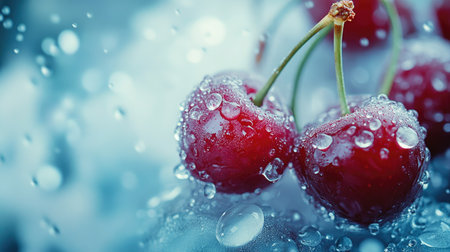 A group of ripe cherries covered in water droplets, showing their glossy, rich red color and freshness, on a plain white surface.の素材