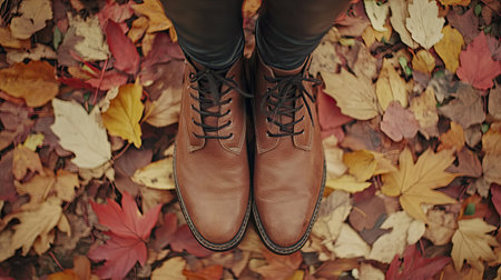 Woman's feet in stylish boots, surrounded by colorful fallen leaves, with warm shades of red, yellow, and orange scattered on the groundの素材