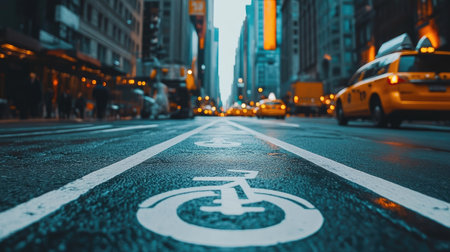Close-up of a bike lane in a city, featuring white markings for direction and bike symbol on smooth asphalt.の素材