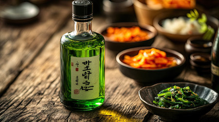 Close-up of a soju bottle with small bowls of Korean side dishes, capturing vibrant textures and warm colors on a rustic table.の素材