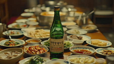 Close-up of soju bottle on a table filled with small plates of Korean side dishes, creating a vibrant and authentic dining experience.の素材