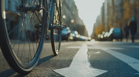 Bicycle lane close-up, showing clear arrow for one-way direction and bike icon, bordered by clean city pavement.の素材