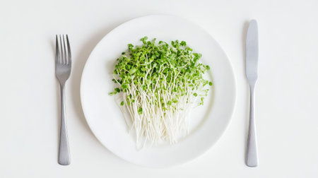 Bean sprouts placed on a plain white plate, showcasing their soft texture and subtle green accents under warm natural light.の素材