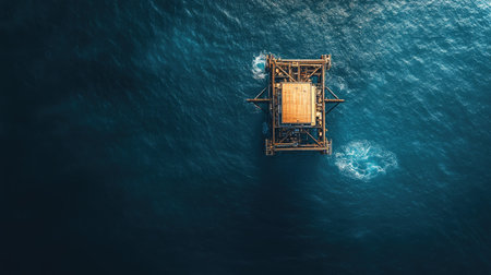 Aerial shot of a lone offshore drilling rig in the middle of the deep blue sea, with ripples and waves surrounding it in every direction.の素材