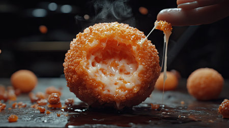 Cheese ball with a crunchy, golden-brown crust being pulled apart to reveal stretchy melted cheese, perfect for a snack concept.の素材
