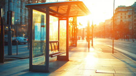 City bus stop in the morning with sun rays casting through the glass shelter and street in the background.の素材