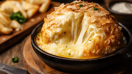 Crispy cheese ball with gooey melted cheese pulling out as it's split, emphasizing the contrast between golden crust and soft cheese.の素材