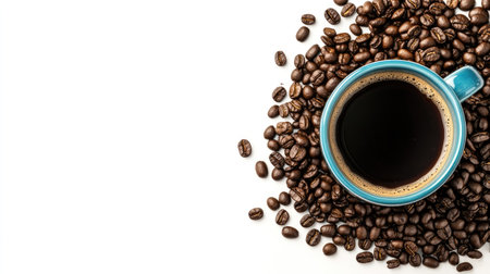 Coffee mug filled with fresh coffee next to a pile of ground coffee beans, isolated on a clean white background, highlighting the rich texture.の素材