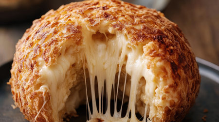 Crispy cheese ball with gooey, stretchy cheese inside, being pulled apart to show a perfect contrast between crust and melty center.の素材
