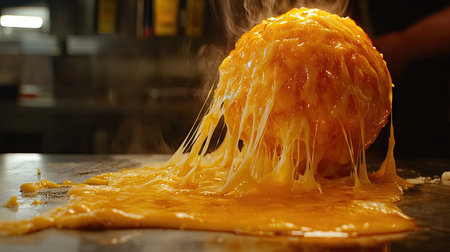 Crispy cheese ball with gooey, stretchy cheese pull, with a focus on the golden crust and melted cheese strings, ideal for a snack theme.の素材