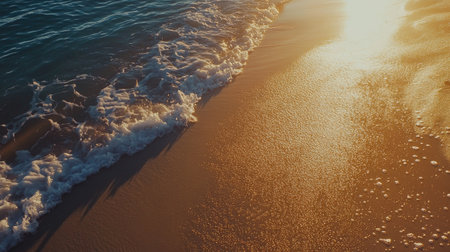 Crystal-clear waves meet golden sands under radiant sunlight on an empty, peaceful shoreline.の素材