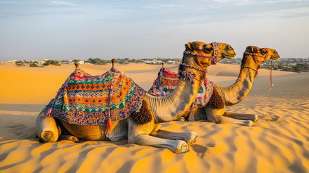 Decorated camels in the desert, wearing traditional fabrics and beads with intricate designs, resting on golden sands.の素材