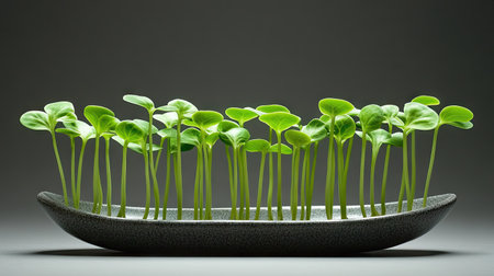 Fresh bean sprouts arranged on a plate, with their soft, crisp stems and small leaves creating a healthy, vibrant scene.の素材