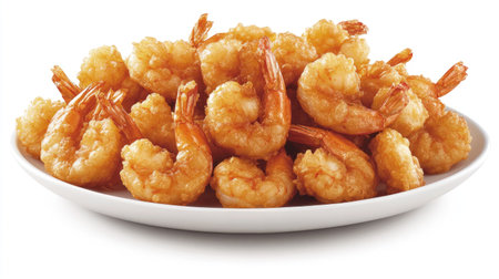 Golden-brown shrimp tempura arranged on a clean white plate, set against a white background, capturing the delicious crispiness.の素材