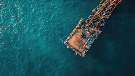 Expansive aerial view of an offshore oil rig in calm ocean waters, emphasizing its robust construction and isolation.の素材