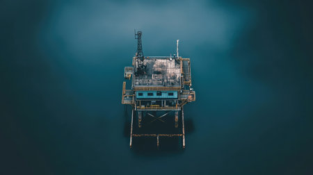 High-angle aerial shot of a lone offshore drilling platform surrounded by calm ocean waters, creating a striking contrast between man-made and natural beauty.の素材
