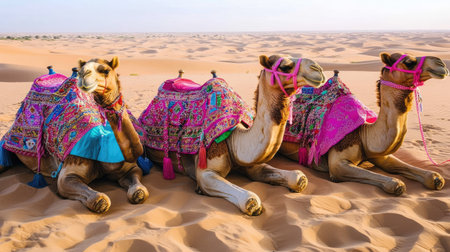 Group of camels adorned with vibrant traditional attire resting on sunlit sands, with the desert stretching into the horizon.の素材