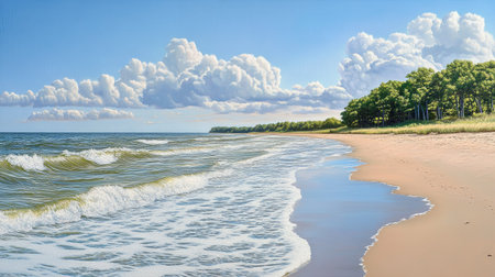 Expansive sandy shore with gentle waves, golden sand, and a radiant sky on a warm, sunny day.の素材