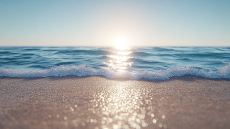 Empty coastline with sparkling sand, gentle waves, and a tranquil sea under a bright, clear sky.の素材