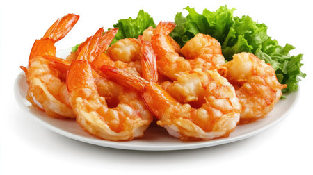 Golden-brown shrimp tempura arranged on a clean white plate, set against a white background, capturing the delicious crispiness.の素材