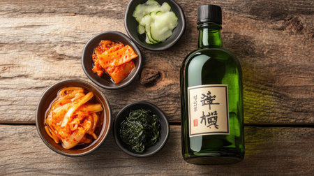 Green soju bottle next to Korean side dishes like kimchi, seaweed, and pickled vegetables on a rustic table, capturing a classic dining vibe.の素材